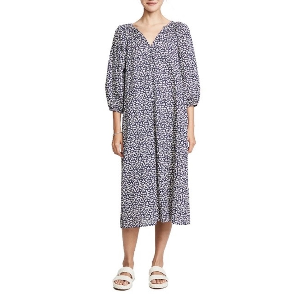 THE GREAT. Willow Midi Dress Navy Shadow Floral Puff Bishop Sleeve V Neckline S